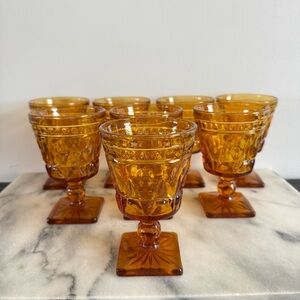 Vintage | 8 Indiana Glass Colony Park Lane Amber Water Goblets Footed Pedestal